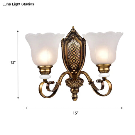 Retro Floral Sconce Light: 1/2-Light Vintage White Glass Wall Fixture With Metal Curved Arm In