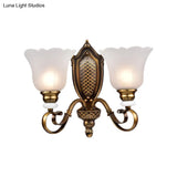 Retro Floral Sconce Light: 1/2-Light Vintage White Glass Wall Fixture With Metal Curved Arm In