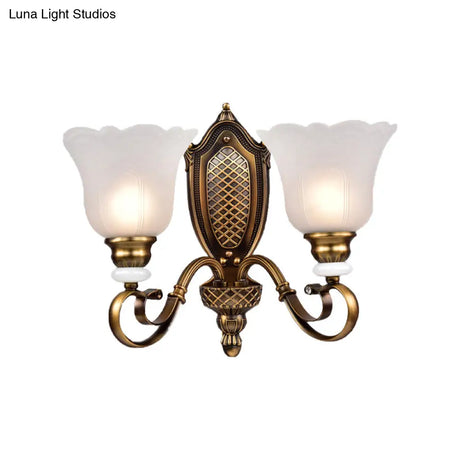 Retro Floral Sconce Light: 1/2-Light Vintage White Glass Wall Fixture With Metal Curved Arm In