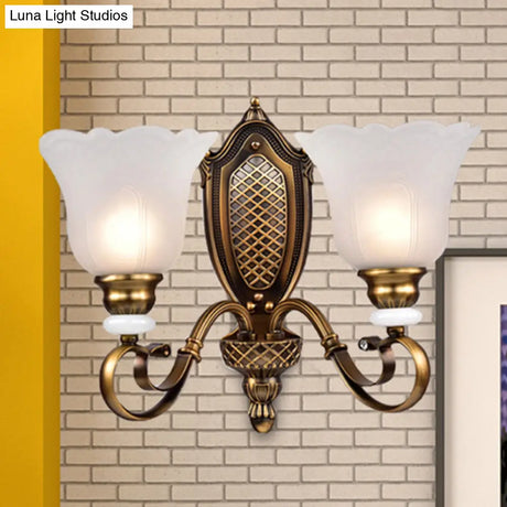 Retro Floral Sconce Light: 1/2-Light Vintage White Glass Wall Fixture With Metal Curved Arm In