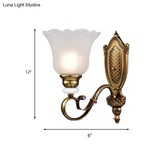 Retro Floral Sconce Light: 1/2-Light Vintage White Glass Wall Fixture With Metal Curved Arm In