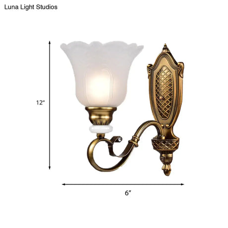 Retro Floral Sconce Light: 1/2-Light Vintage White Glass Wall Fixture With Metal Curved Arm In