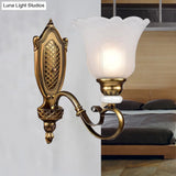 Retro Floral Sconce Light: 1/2-Light Vintage White Glass Wall Fixture With Metal Curved Arm In