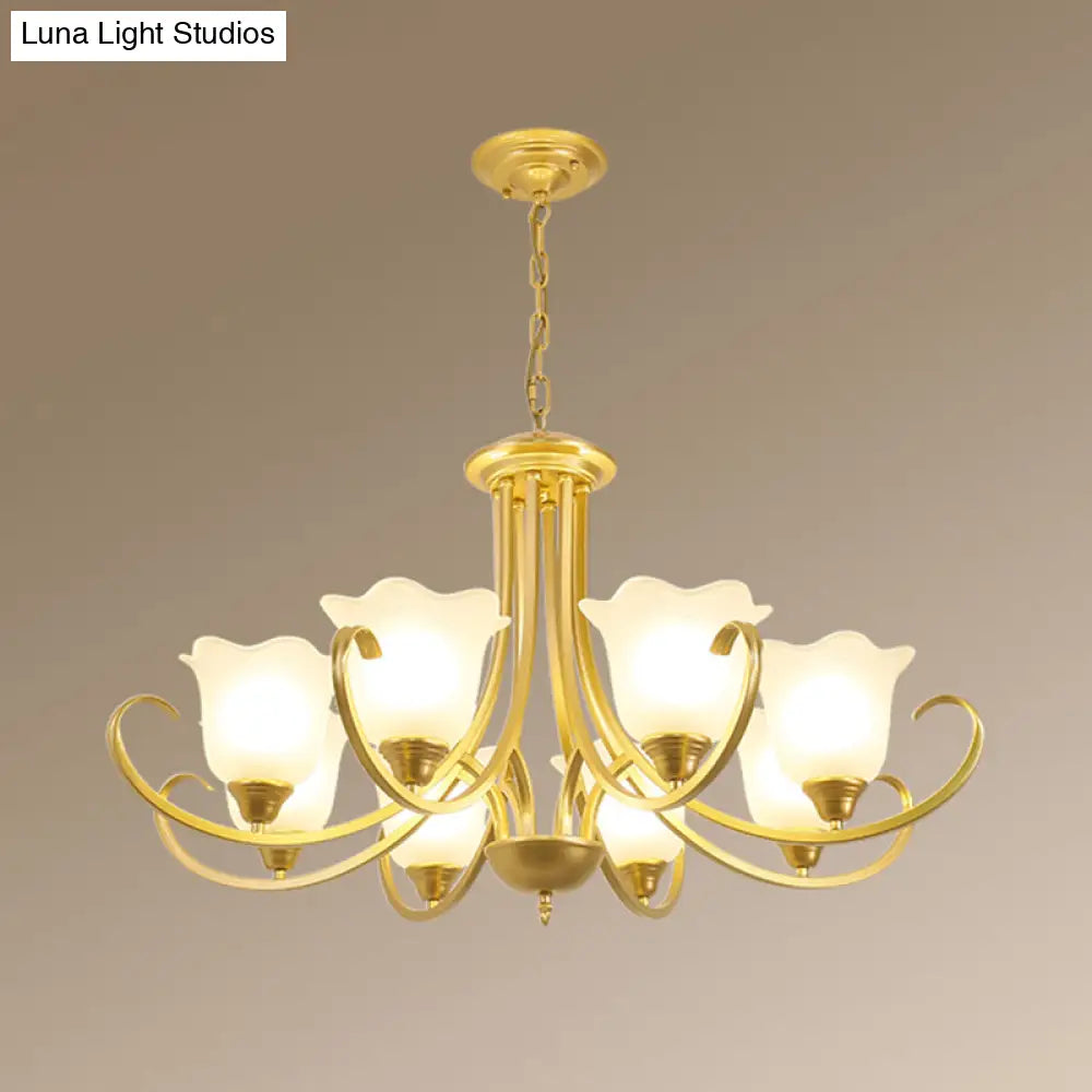 Retro Floral Shade Chandelier Pendant Light With Frosted Glass And Curved Arm - Vintage-Inspired