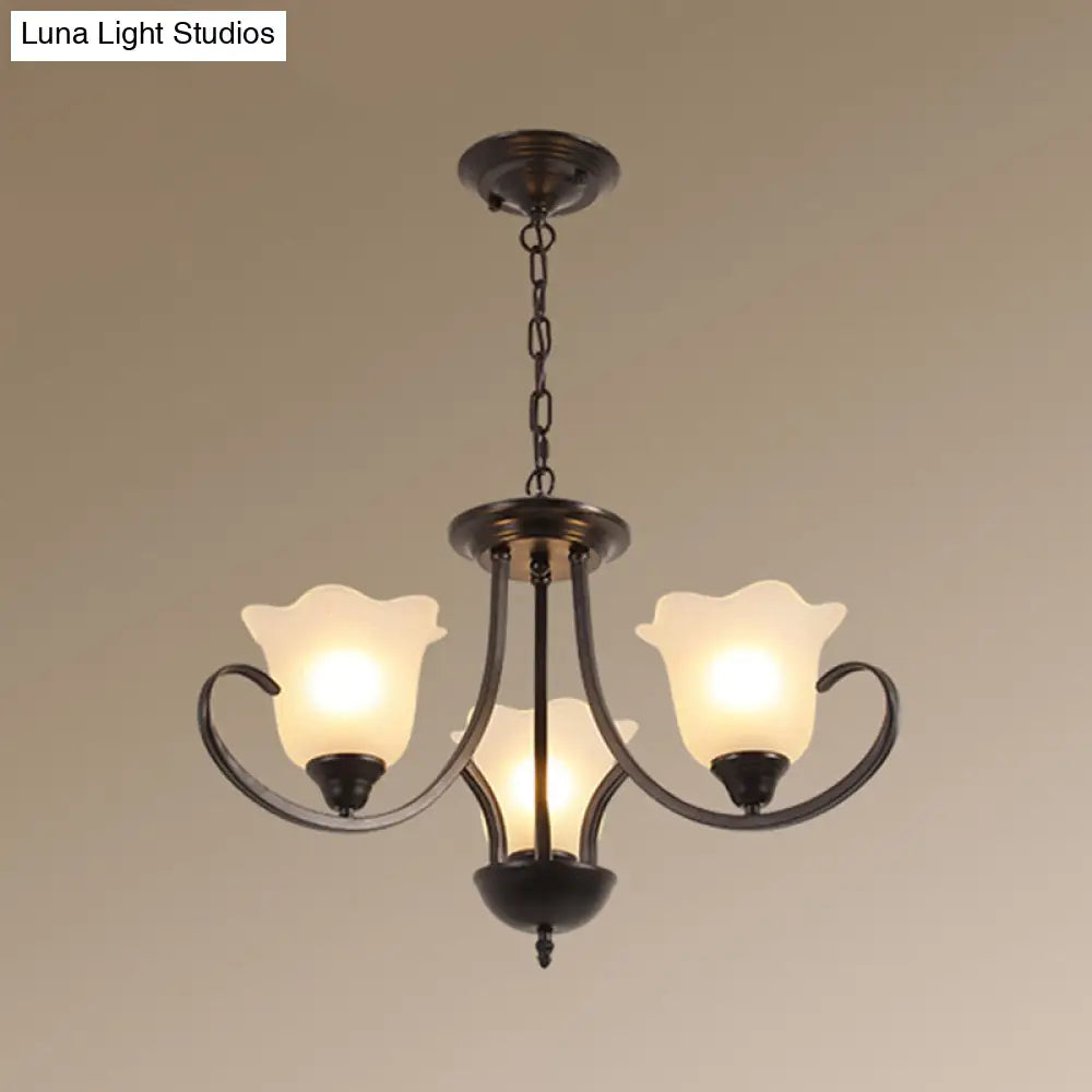 Retro Floral Shade Chandelier Pendant Light With Frosted Glass And Curved Arm - Vintage-Inspired