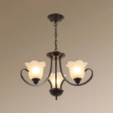 Retro Floral Shade Chandelier Pendant Light With Frosted Glass And Curved Arm - Vintage-Inspired