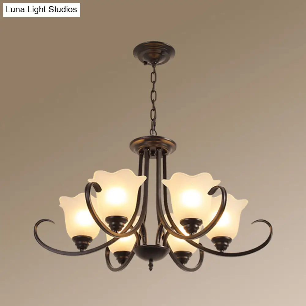 Retro Floral Shade Chandelier Pendant Light With Frosted Glass And Curved Arm - Vintage-Inspired