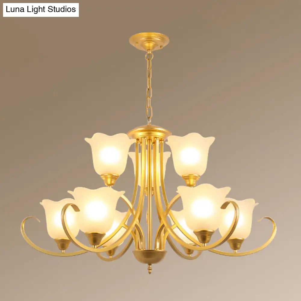 Retro Floral Shade Chandelier Pendant Light With Frosted Glass And Curved Arm - Vintage-Inspired