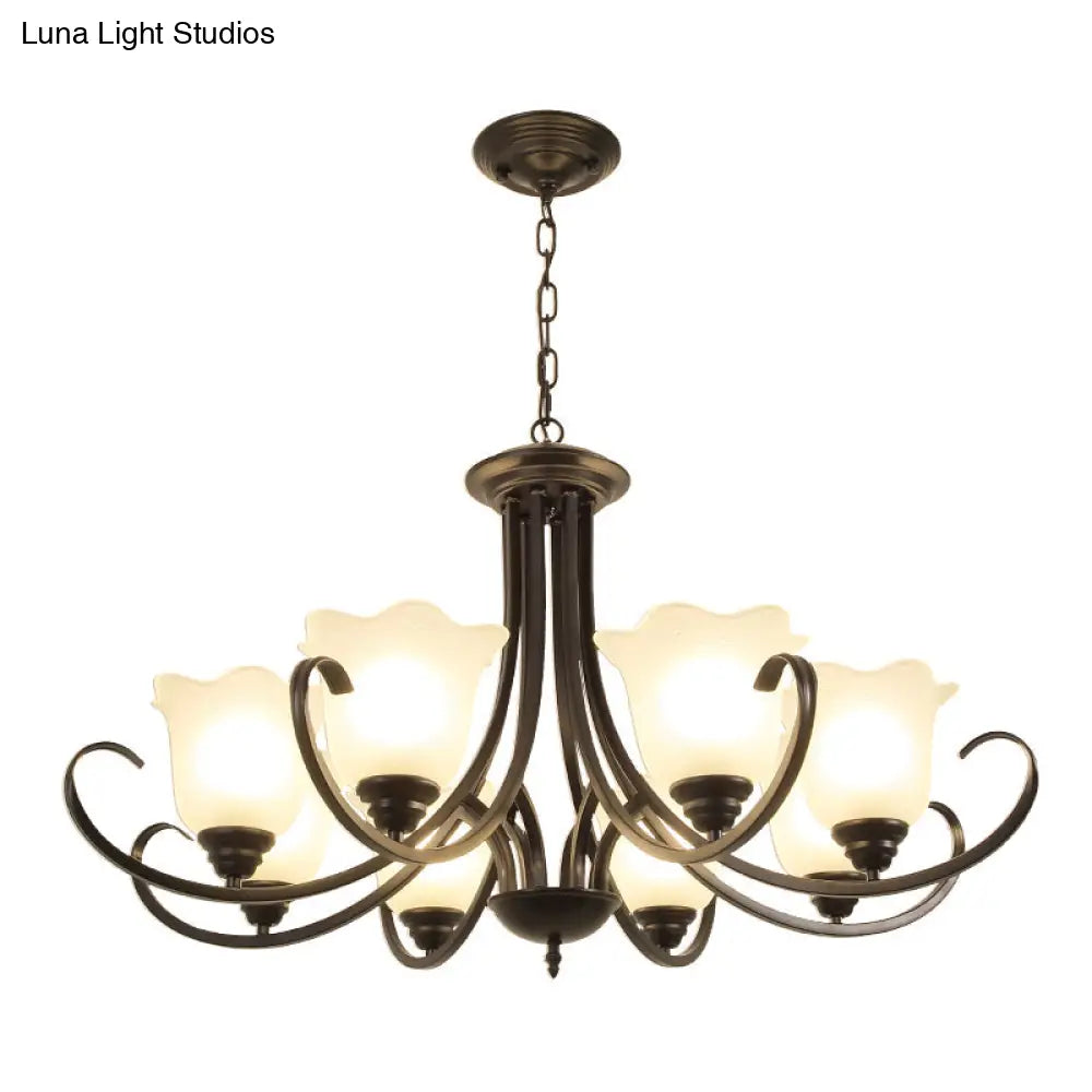 Retro Floral Shade Chandelier Pendant Light With Frosted Glass And Curved Arm - Vintage-Inspired