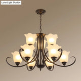 Retro Floral Shade Chandelier Pendant Light With Frosted Glass And Curved Arm - Vintage-Inspired