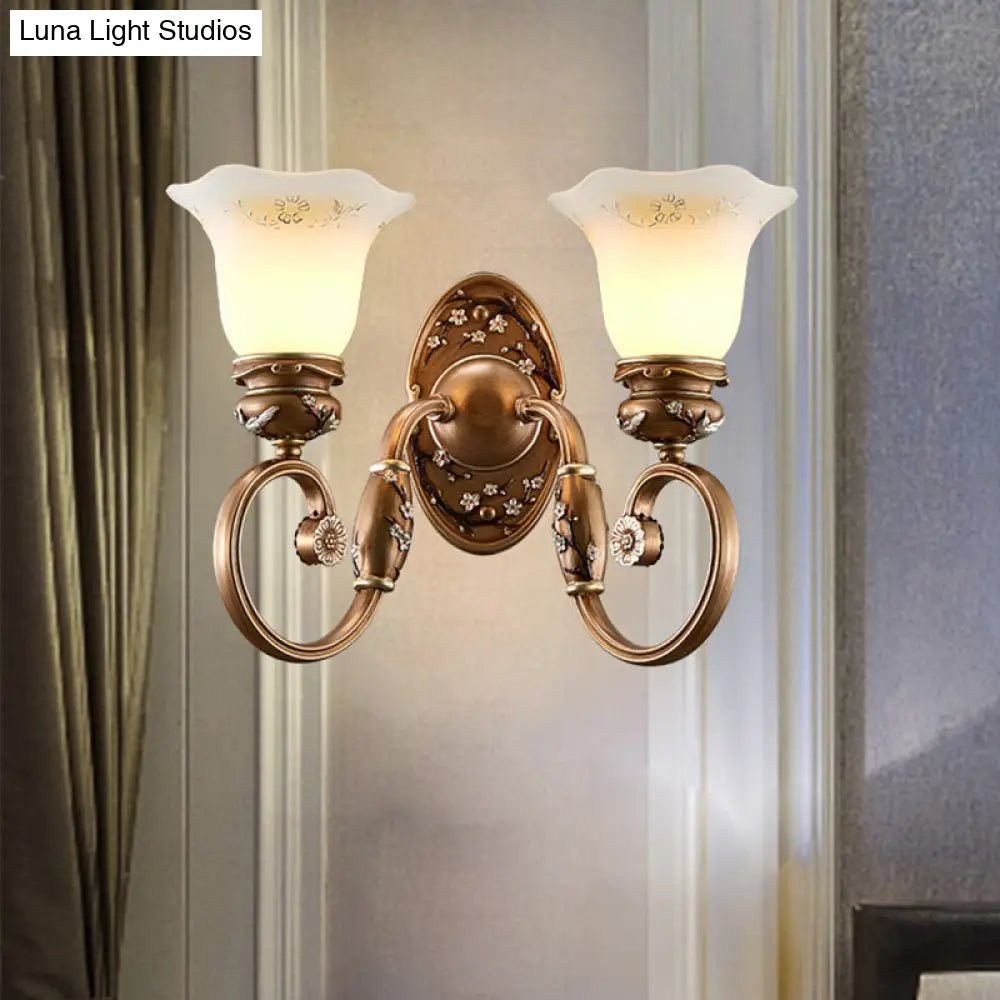 Retro Flower Shade Wall Sconce Lighting: 1/2-Light Brown Glass Mount Lamp