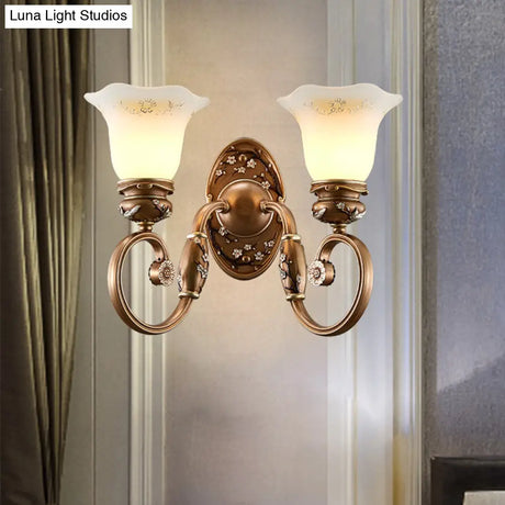 Retro Flower Shade Wall Sconce Lighting: 1/2-Light Brown Glass Mount Lamp