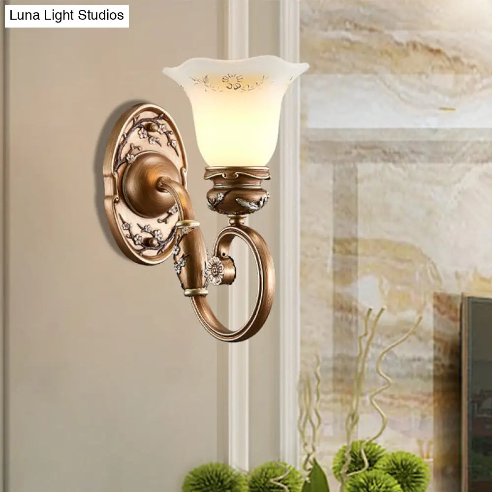 Retro Flower Shade Wall Sconce Lighting: 1/2-Light Brown Glass Mount Lamp