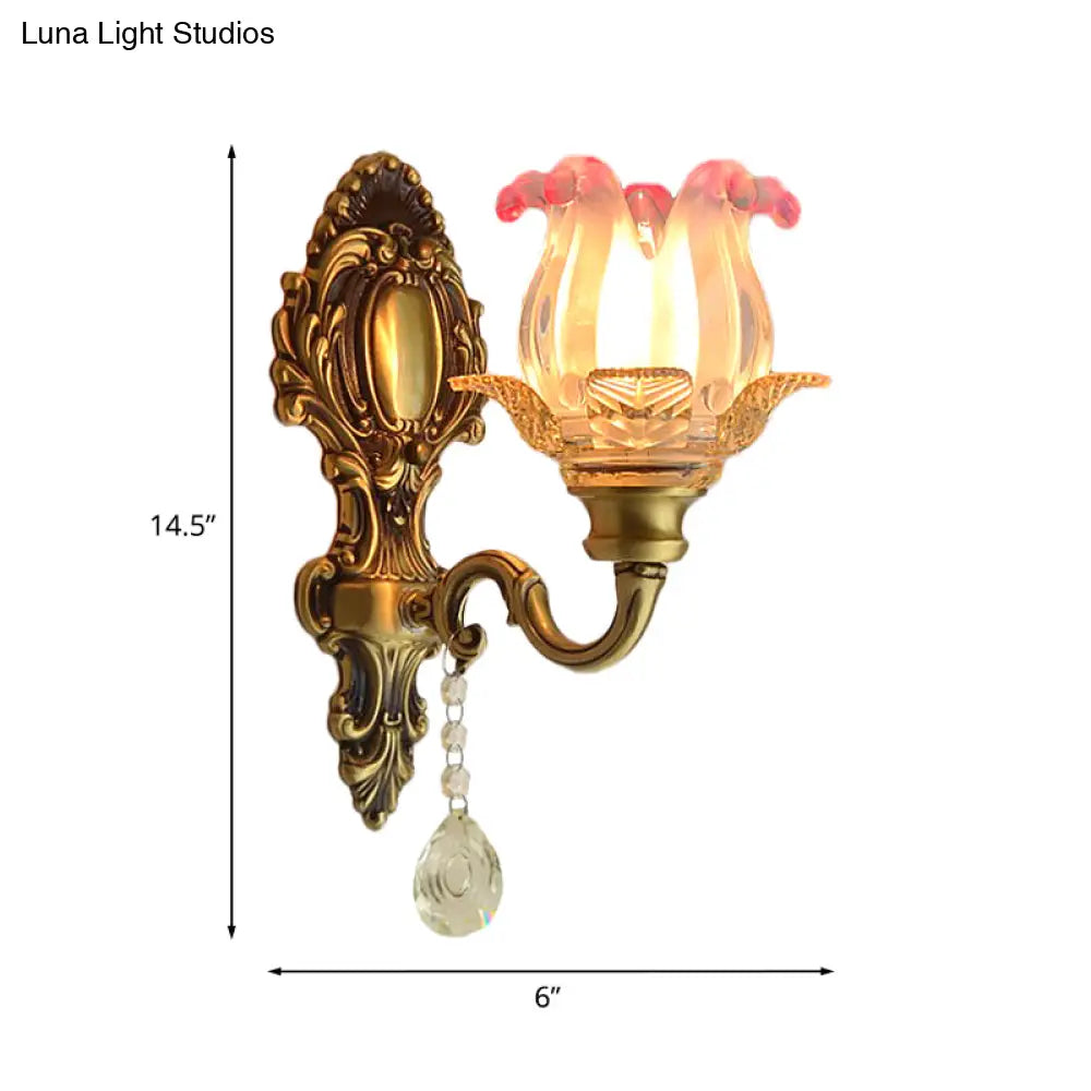Retro Flower Wall Sconce Light: 1 Bulb Pink-Clear Fading Glass In Brass For Vintage-Inspired
