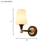 Retro Frosted Glass Bedroom Wall Sconce Light - Tapered Design With Sleek Metal Arm