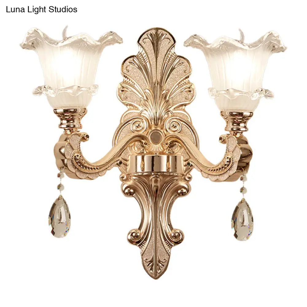 Retro Frosted Glass Sconce With Ruffle Trim & Gold Wall Mount 1/2-Bulb Doorway Light
