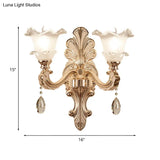 Retro Frosted Glass Sconce With Ruffle Trim & Gold Wall Mount 1/2-Bulb Doorway Light