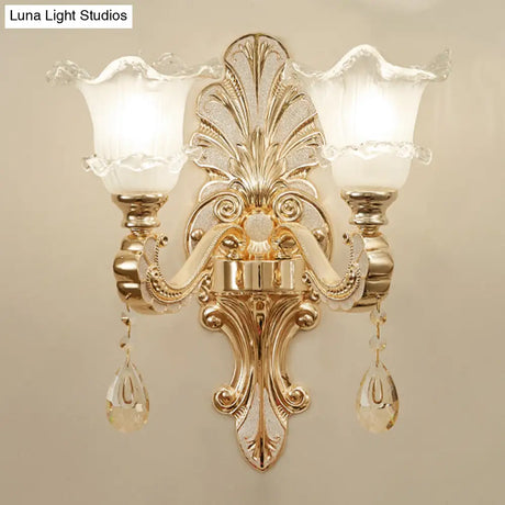Retro Frosted Glass Sconce With Ruffle Trim & Gold Wall Mount 1/2-Bulb Doorway Light