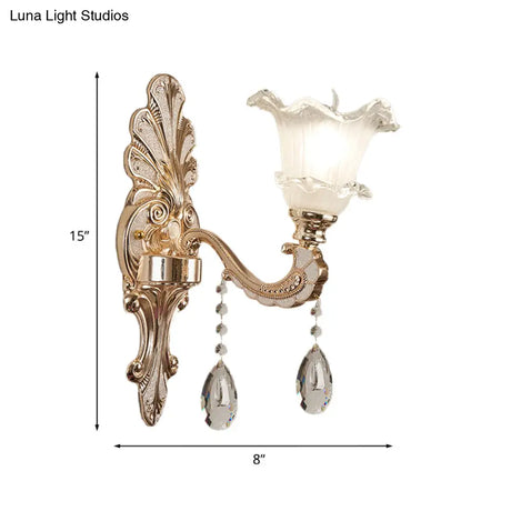 Retro Frosted Glass Sconce With Ruffle Trim & Gold Wall Mount 1/2-Bulb Doorway Light