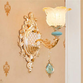 Retro Glass Gold Ruffle Flower Wall Mount Light With Crystal Draping 1 / C