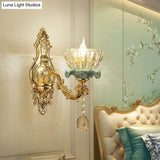Retro Glass Gold Ruffle Flower Wall Mount Light With Crystal Draping