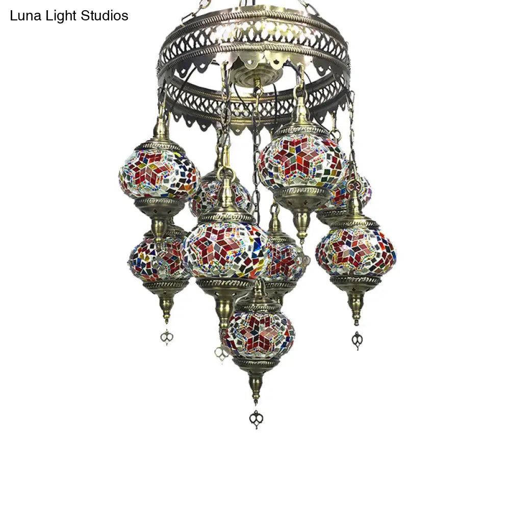 Retro Glass Sphere Chandelier - Vibrant Red/Pink/Orange With 9 Hanging Lamp Heads For Restaurants
