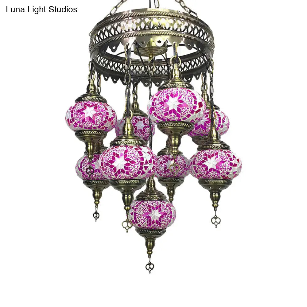 Retro Glass Sphere Chandelier - Vibrant Red/Pink/Orange With 9 Hanging Lamp Heads For Restaurants