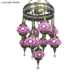 Retro Glass Sphere Chandelier - Vibrant Red/Pink/Orange With 9 Hanging Lamp Heads For Restaurants