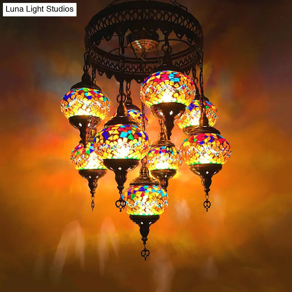 Retro Glass Sphere Chandelier - Vibrant Red/Pink/Orange With 9 Hanging Lamp Heads For Restaurants