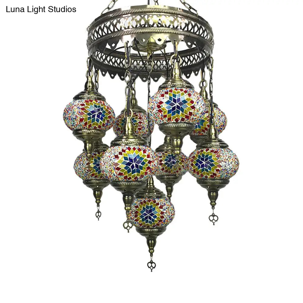 Retro Glass Sphere Chandelier - Vibrant Red/Pink/Orange With 9 Hanging Lamp Heads For Restaurants