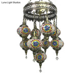 Retro Glass Sphere Chandelier - Vibrant Red/Pink/Orange With 9 Hanging Lamp Heads For Restaurants