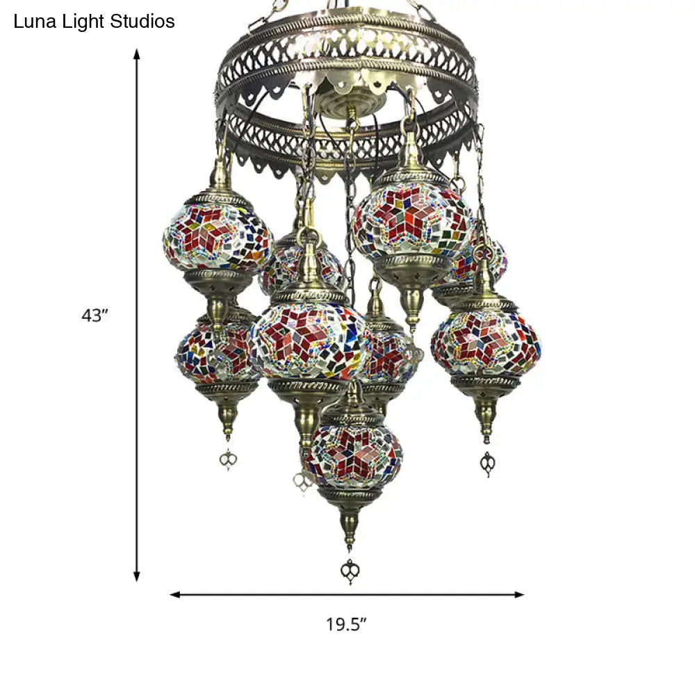 Retro Glass Sphere Chandelier - Vibrant Red/Pink/Orange With 9 Hanging Lamp Heads For Restaurants