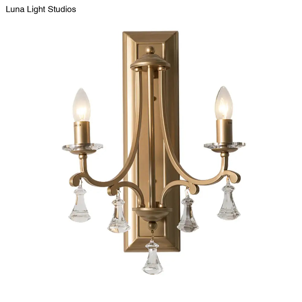 Retro Gold Crystal Wall Lamp With 2 Bulbs - Elegant Candelabra Light For Living Room