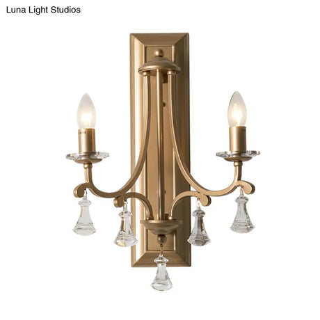 Retro Gold Crystal Wall Lamp With 2 Bulbs - Elegant Candelabra Light For Living Room