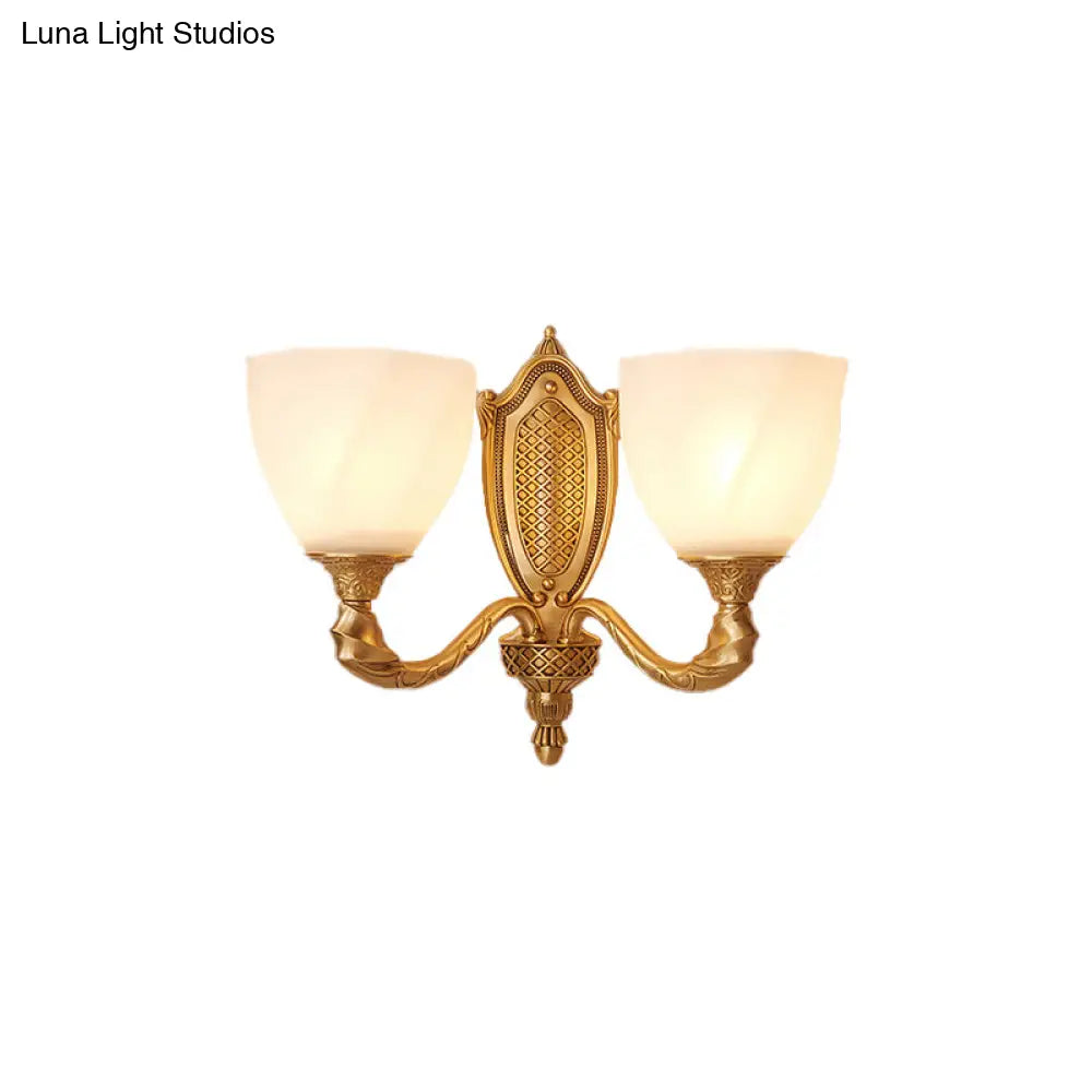 Retro Gold Dome Wall Lamp With Frosted Glass & Scrolled Arm