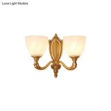 Retro Gold Dome Wall Lamp With Frosted Glass & Scrolled Arm