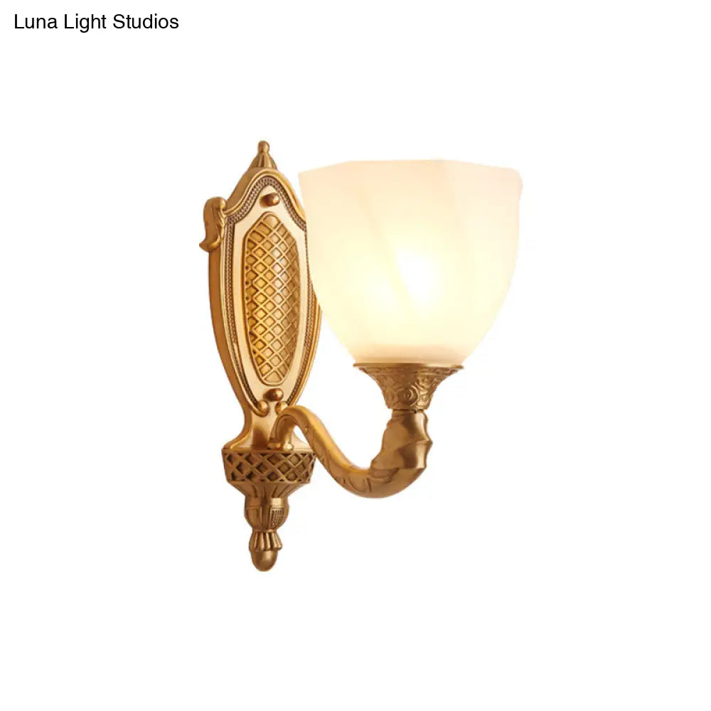 Retro Gold Dome Wall Lamp With Frosted Glass & Scrolled Arm