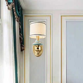 Retro Gold Fabric Wall Sconce With Porcelain Cap - Cylindrical 1/2-Light Lamp For Porch 1 /