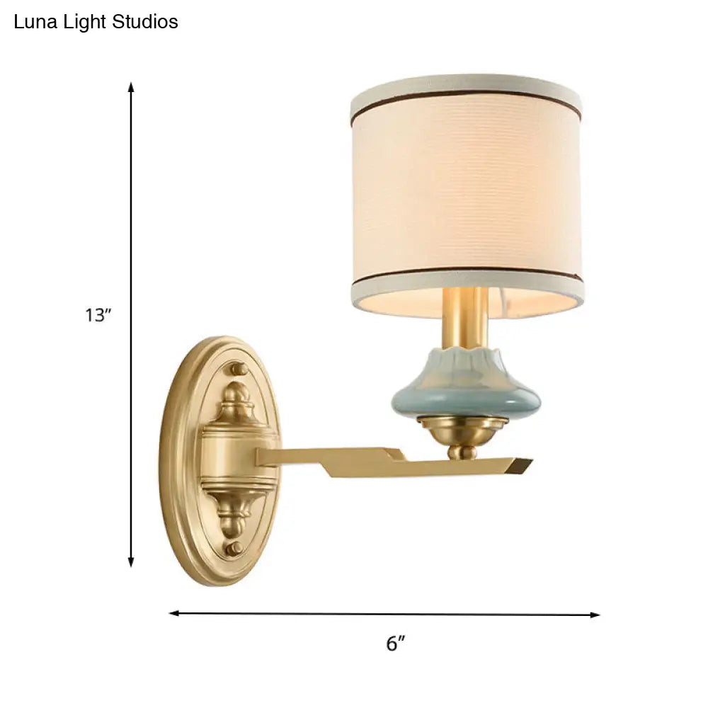 Retro Gold Fabric Wall Sconce With Porcelain Cap - Cylindrical 1/2-Light Lamp For Porch