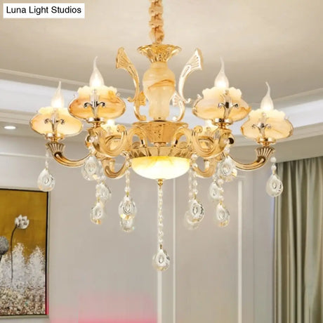 Retro Gold Floral Chandelier With Crystal Pendant Light Fixture - Elegant Glass Design For Living