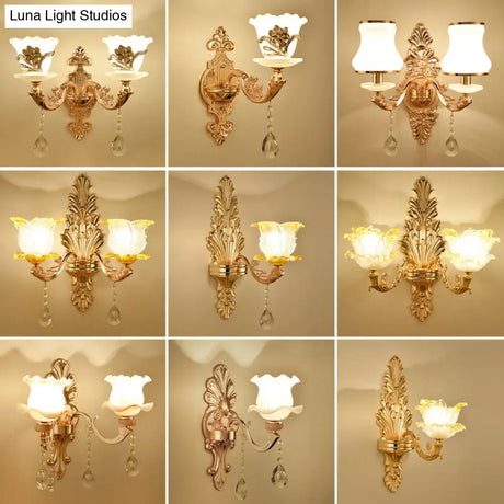 Retro Gold Wall Mount Light With Floral Glass Shade And Hanging Crystal Elegant Lighting
