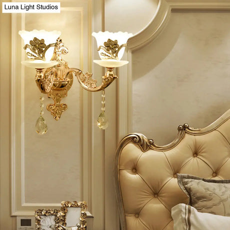 Retro Gold Wall Mount Light With Floral Glass Shade And Hanging Crystal Elegant Lighting