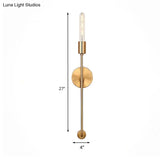 Retro Gold Wall Sconce With Linear Arm And Bare Bulb For Living Room