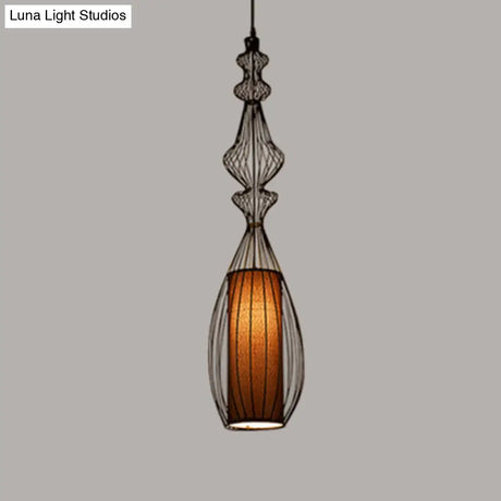 Retro Gourd Shaped Iron Pendant Light With Fabric Shade - Black 1 Bulb Stylish Ceiling Hanging