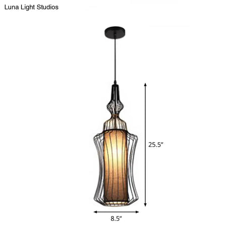 Retro Gourd Shaped Iron Pendant Light With Fabric Shade - Black 1 Bulb Stylish Ceiling Hanging