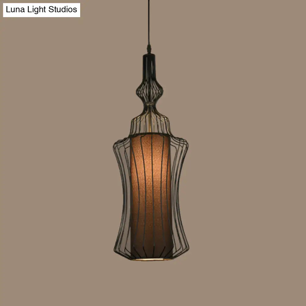 Retro Gourd Shaped Iron Pendant Light With Fabric Shade - Black 1 Bulb Stylish Ceiling Hanging