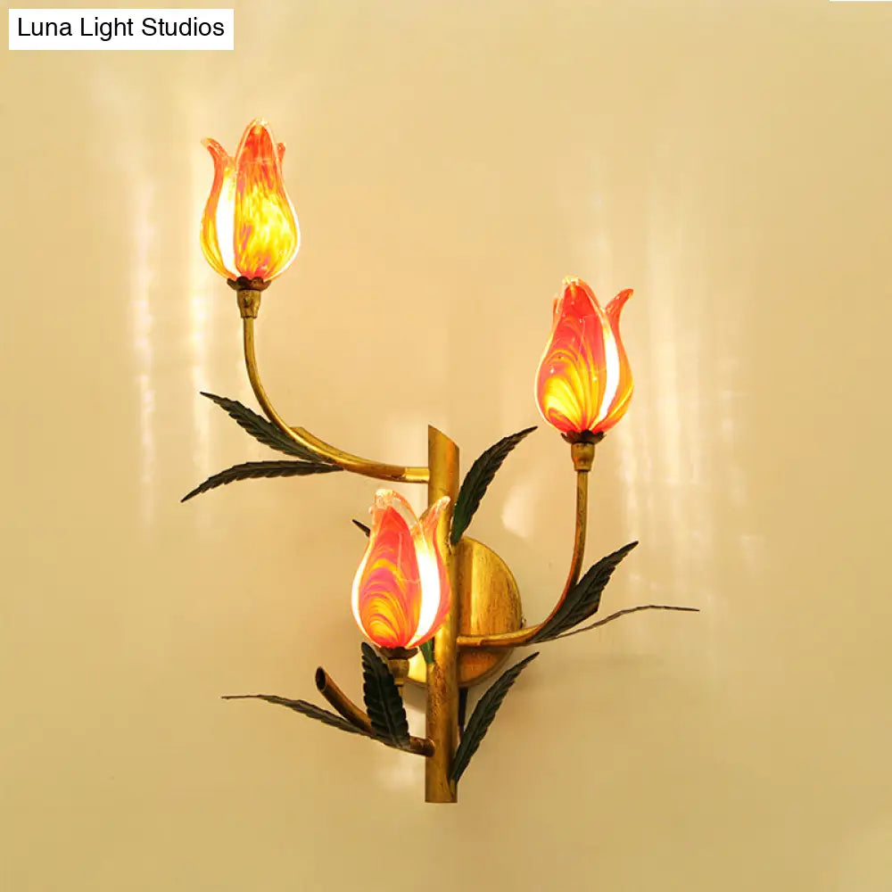 Retro Gradient Pink/Red Tulip Sconce - 3-Light Wall Lighting For Stylish Living Room Decor