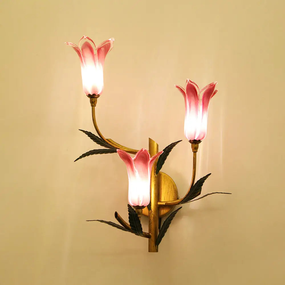 Retro Gradient Pink/Red Tulip Sconce - 3-Light Wall Lighting For Stylish Living Room Decor Pink
