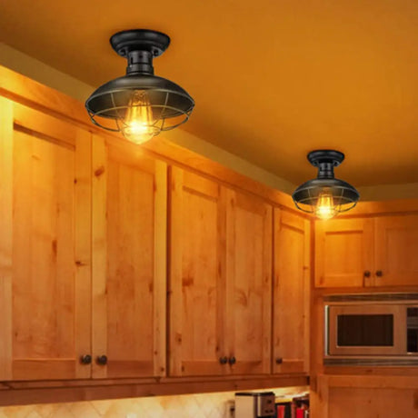 Retro Industrial Ceiling Light With Metal Frame Shade - Wrought Iron Flush-Mount Lamp In Black /