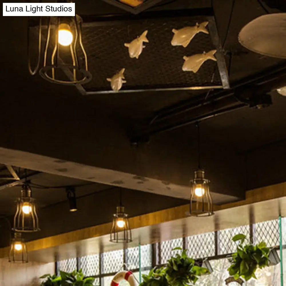 Retro Industrial Hanging Lamp - Single Light Pendant With Black Wrought Iron Frame For Restaurant